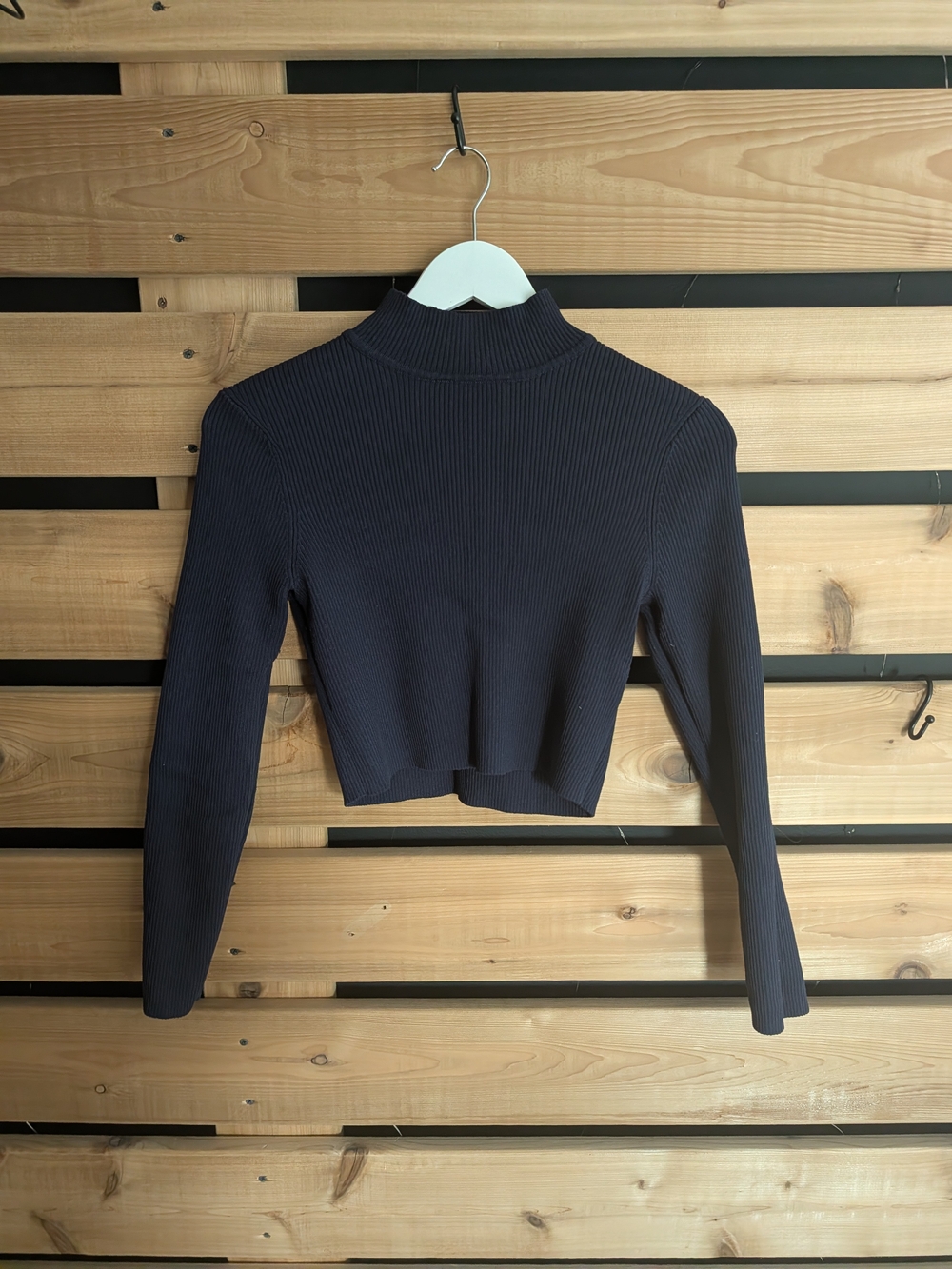Ribbed Mock Neck Long Sleeve Crop Top - Black